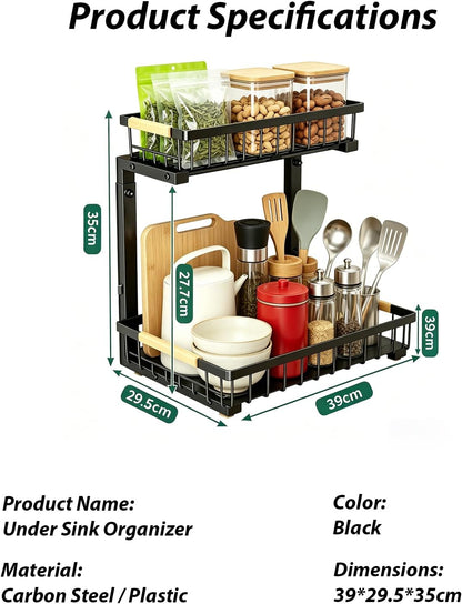 2 Pack Under Sink Organizer, 3-Tier Pull Out Kitchen Cabinet Organizer with 5 Adjustable Heights Metal Slide Out Bathroom Storage Makeup Drawer Rack for Bedroom Office Pantry Home Organization, White