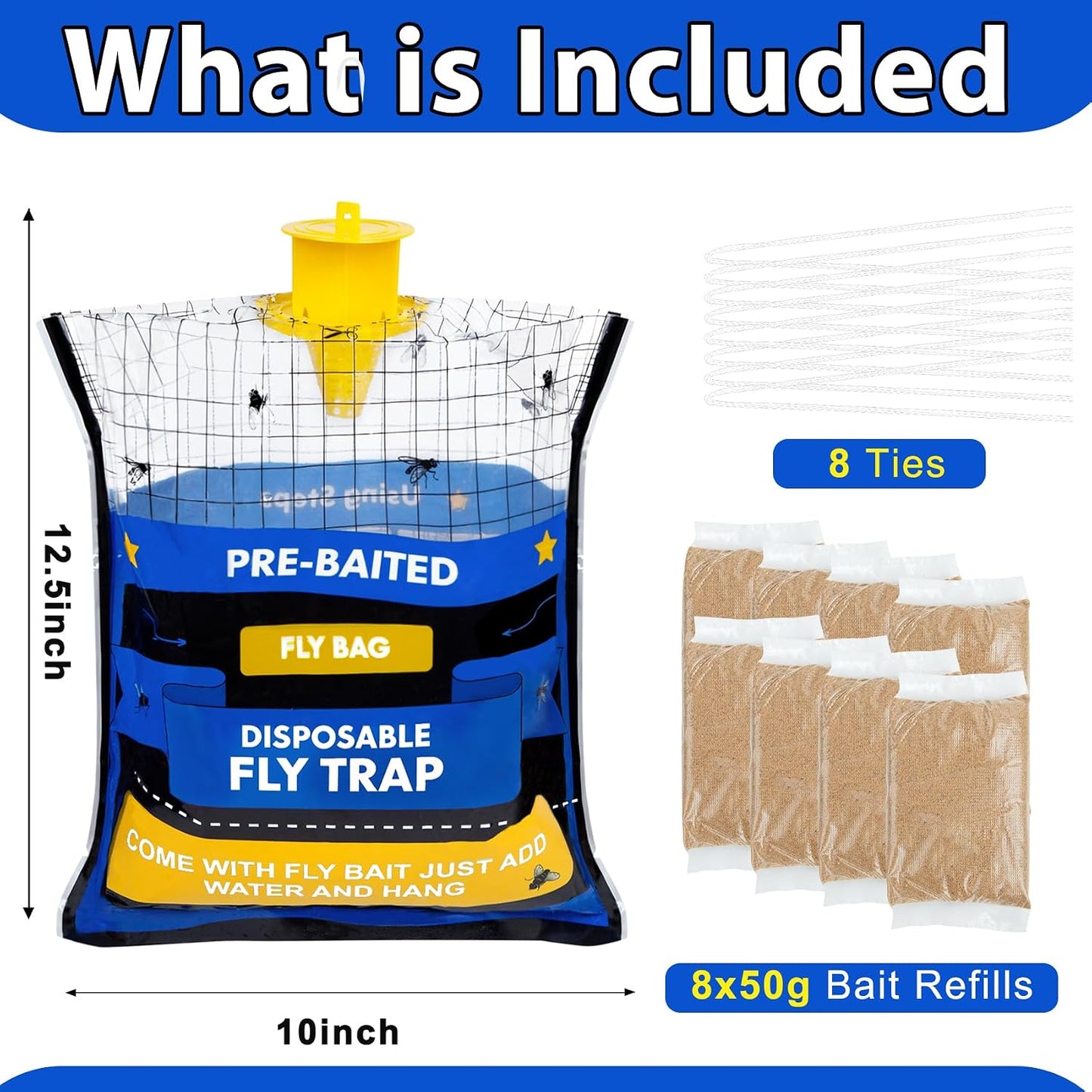 Big Disposable Hanging Fly Trap Bag 4 Pack for Chicken Coop Barn Ranch Farm | 50g Dissolvable Bait Fly Hunter for Flying Insects, Large Clear Capacity, No Messy Cleanup, Weatherproof Outdoor-only Use