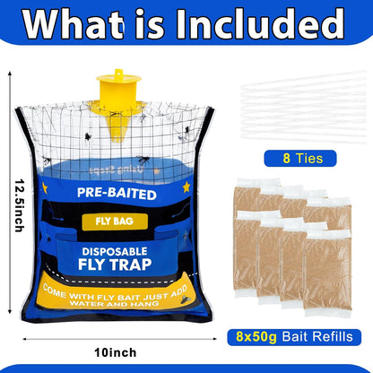 Big Disposable Hanging Fly Trap Bag 4 Pack for Chicken Coop Barn Ranch Farm | 50g Dissolvable Bait Fly Hunter for Flying Insects, Large Clear Capacity, No Messy Cleanup, Weatherproof Outdoor-only Use
