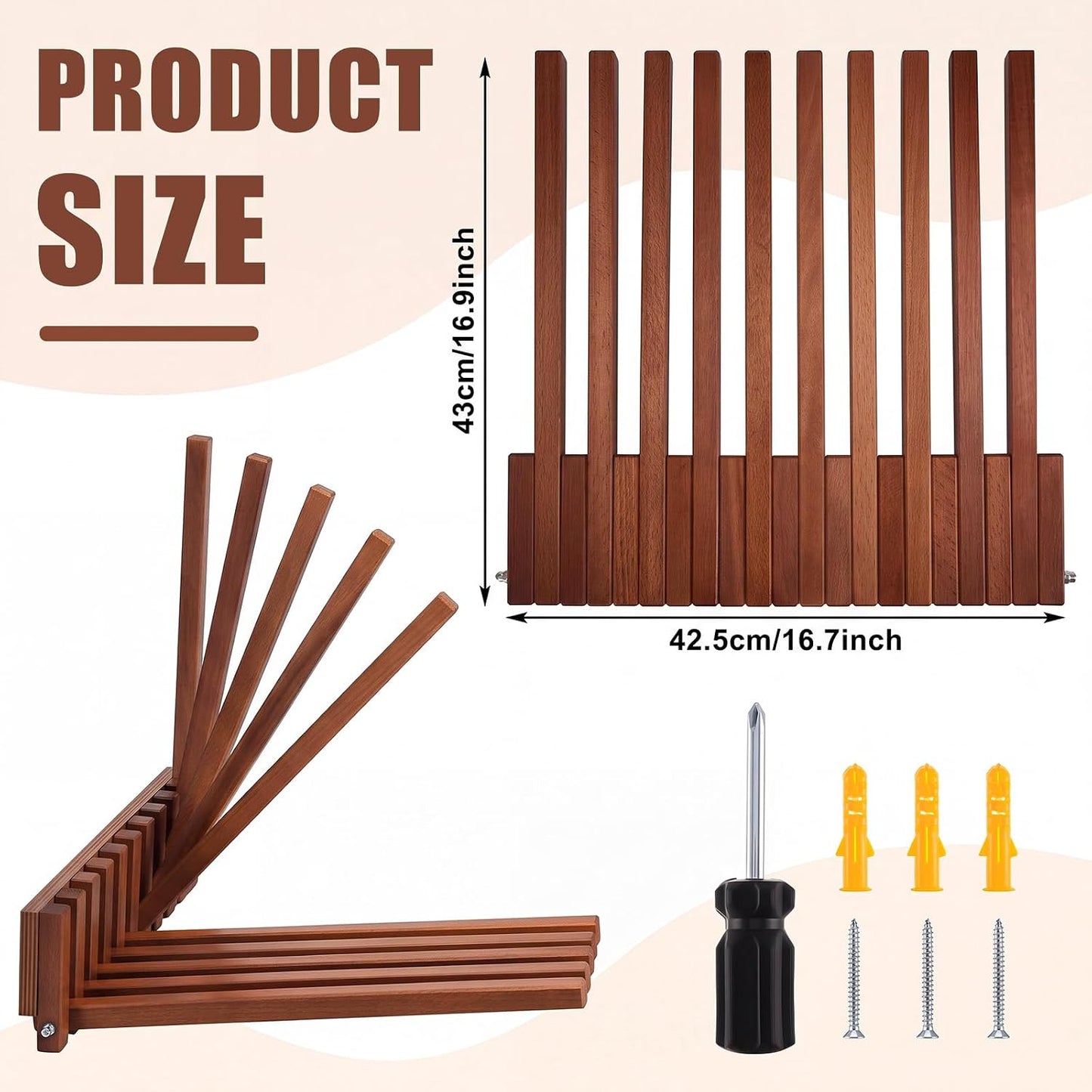 Domensi Beech Wood Wall Mounted Drying Rack for Laundry Room with 10 Mount Folding Coat Hooks Racks Drying Hanger for Bathroom Hat Towels Robes Rack Saving Space (Wood Color)