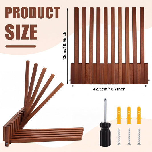 Domensi Beech Wood Wall Mounted Drying Rack for Laundry Room with 10 Mount Folding Coat Hooks Racks Drying Hanger for Bathroom Hat Towels Robes Rack Saving Space (Wood Color)