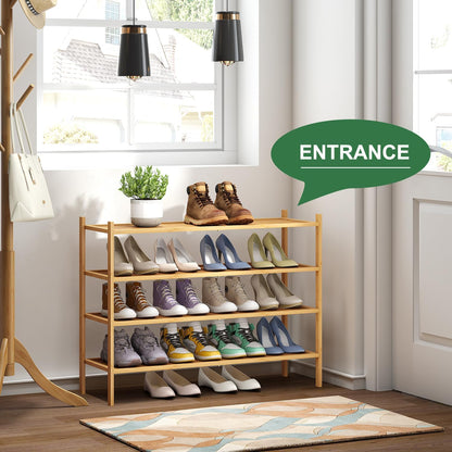 kiplant Small Shoe Rack, 4-Tier Bamboo Wood Shoe Rack for Entryway, Stackable Shoe Organizer for Hallway Closet, Free Standing Shoe Racks for Indoor & Outdoor