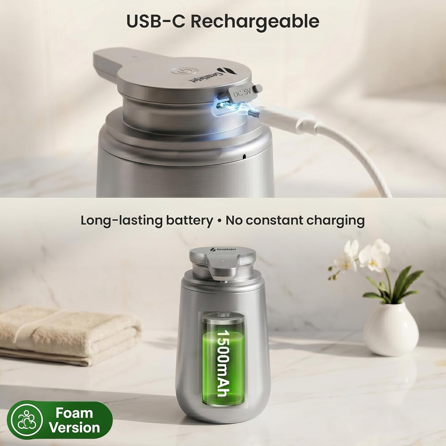 GentleJet NovaJet Automatic Foaming Soap Dispenser – Touchless Sensor, USB-C Rechargeable, 304 Stainless Steel, IPX5 Waterproof for Bathroom Kitchen Sink, 12 oz / 350 ml