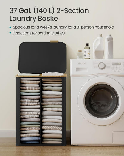SONGMICS Laundry Hamper, Laundry Basket with Lid, Foldable Storage Basket, Bamboo Frame, for Bedroom, Living Room, Oxford Fabric, 37 Gal. (140 L), Cream White ULCB519WD01