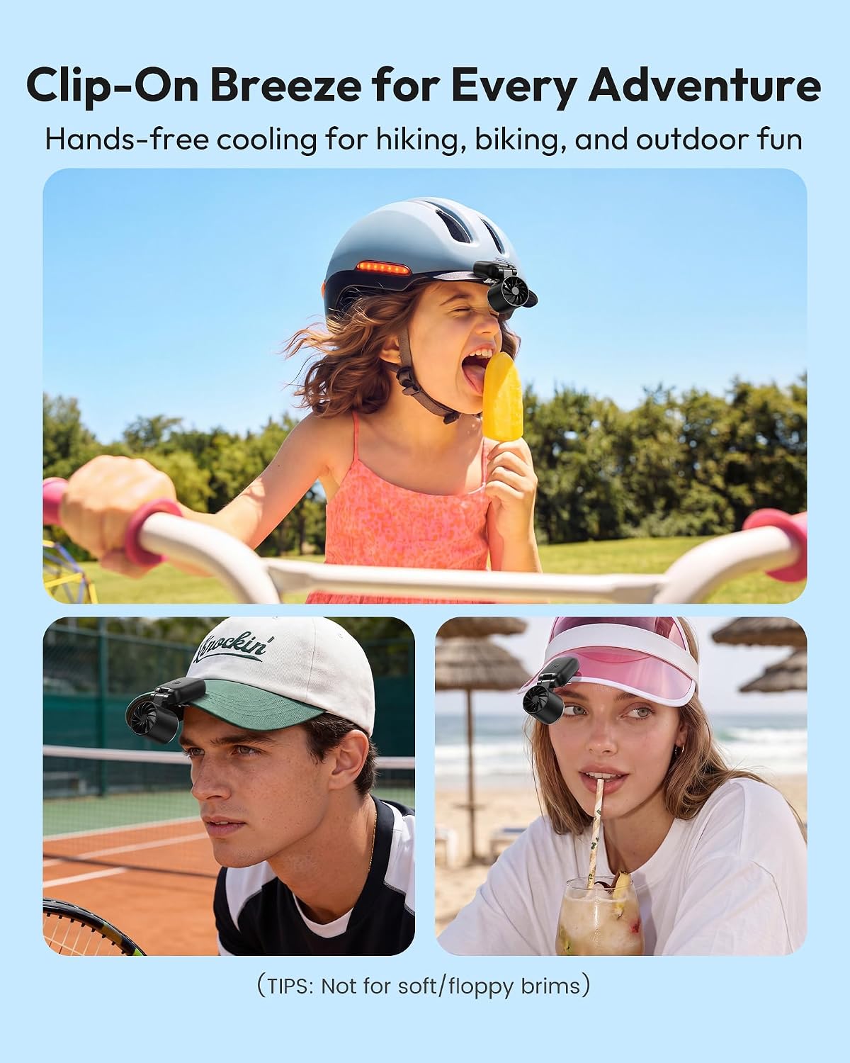 Gaiatop Mini Clip on Fan Portable, 180° Adjustable Personal Hat Fan Clip On, 3-in-1 Hands-Free Mini Portable Fans, Only 2.4 oz, 3-Speed Rechargeable, Outdoor Sports Travel Essentials, Women Men, Black