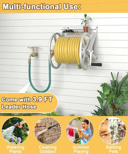 Artigarden Triangle Wall Mounted Garden Hose Reel, Outdoor Heavy-Duty Water Hoses Holder Winder, Holds 125 Ft of 5/8-Inch Hose, with 3.9 ft Leader Hose, Brass Fitting, Storage Basket for Yard, Black