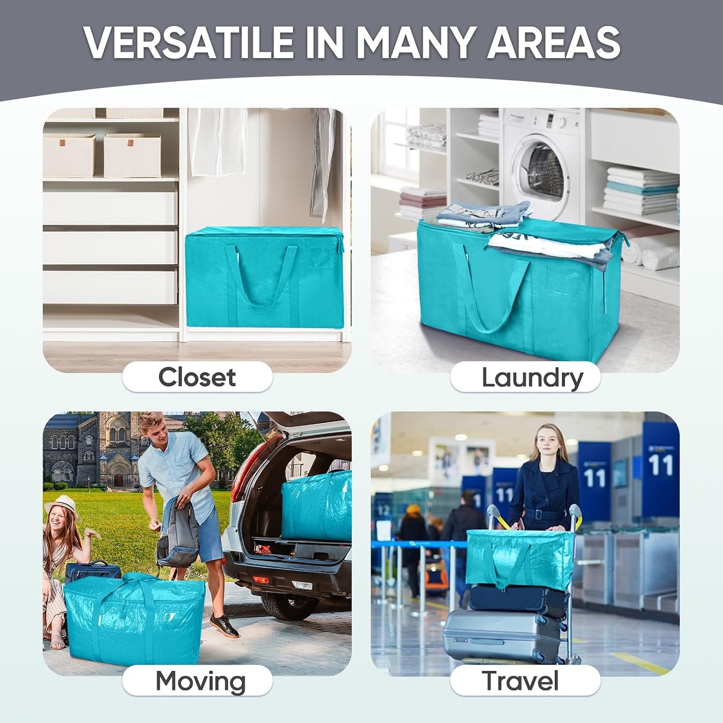 TICONN 4 Pack Extra Large Moving Bags Heavy Duty with Zippers & Carrying Handles, Durable Storage Bags Moving Boxes for Closet Organizers and Storage (4 Pack, Blue)