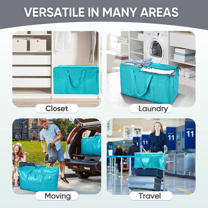 TICONN 4 Pack Extra Large Moving Bags Heavy Duty with Zippers & Carrying Handles, Durable Storage Bags Moving Boxes for Closet Organizers and Storage (4 Pack, Blue)