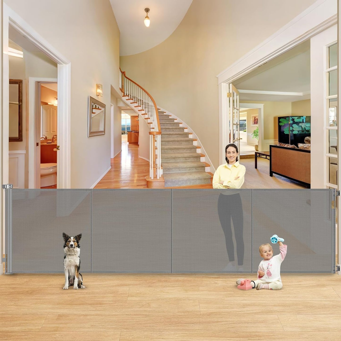 42 Inch Extra Tall Retractable Baby Gates with Reinforced Strips 55 Inch Wide Outdoor Retractable Dog Gate No Sag Extra Tall Baby Gate for Doorway Anti-Scratch Mesh Gates for Kids or Pets, White