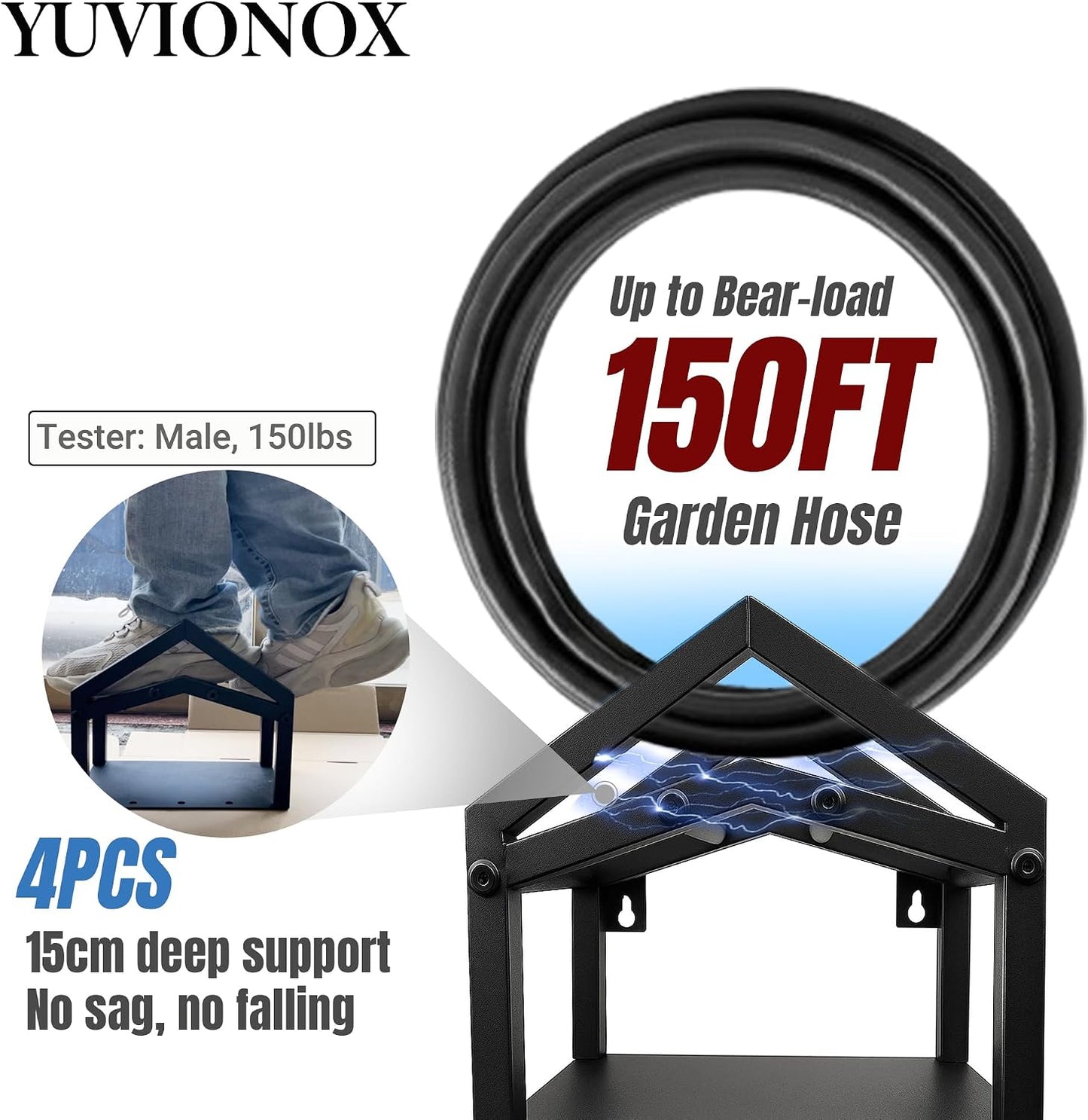 Stainless Steel Garden Hose Holder Wall Mount, Heavy Duty Hose Hanger Wall Mount with Storage Holds Up to 150ft Hose, Black Wall Mounted Hose Holder for Outside Garden, Garage, Anti-Rust