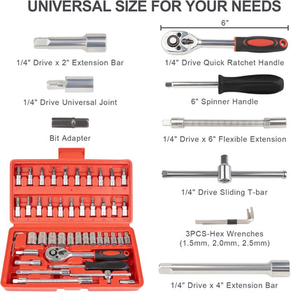 Beaiguna 46PCS Small Drive Socket Ratchet Wrench Screwdriver Set, 1/4 Inch Metric Socket and Ratchet Wrench Set with Extension Bar, Upgrade Compact Tool Set for Car
