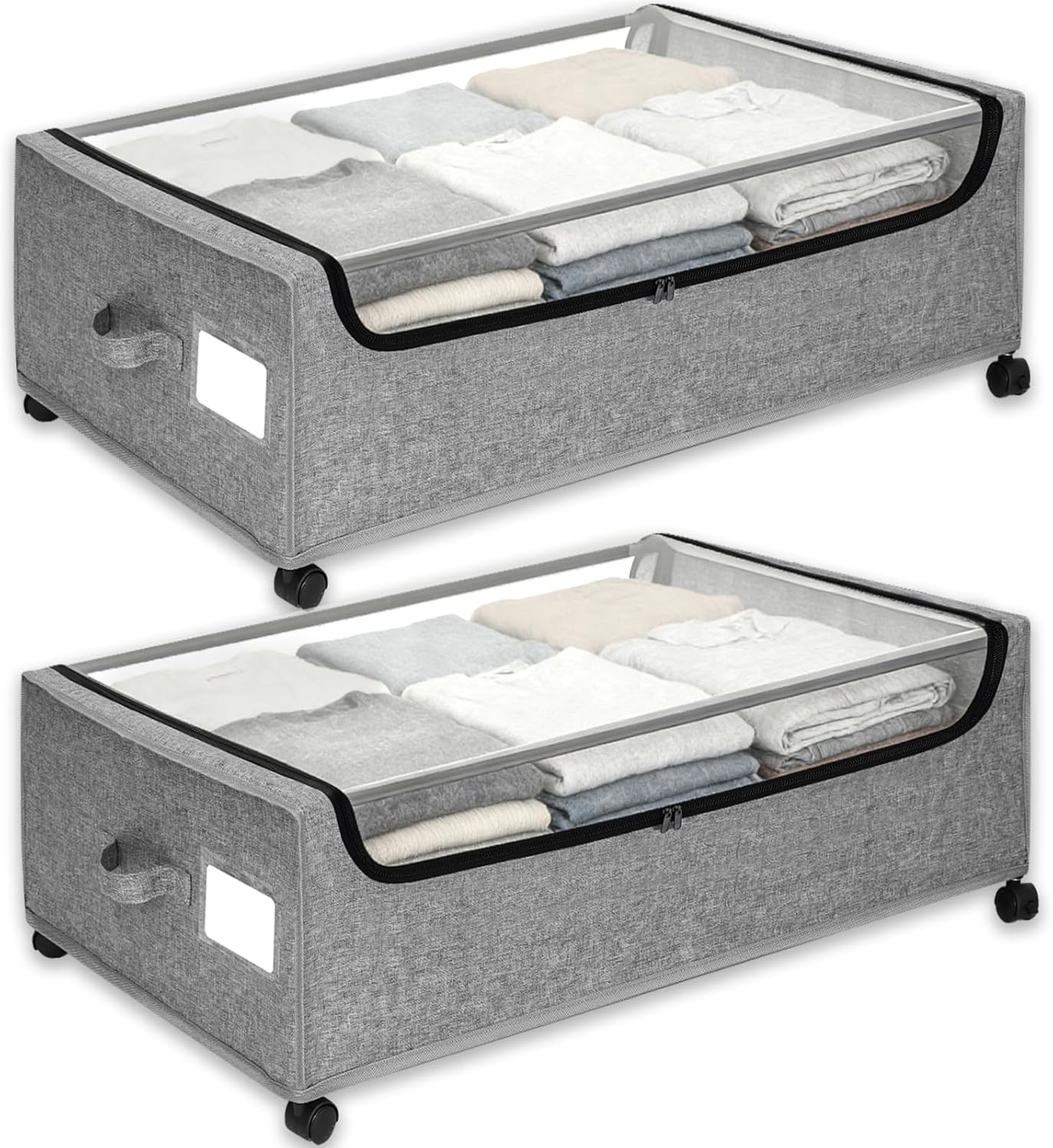 Under Bed Storage with Wheels, 2-Pack Under the Bed Storage Containers with Clear Lids & Label, Underbed Storage Bins, XXXL 85L 11 inches Rolling Metal Drawer for Clothes, Shoes, Toys, Books - Gray