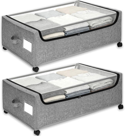 Under Bed Storage with Wheels, 2-Pack Under the Bed Storage Containers with Clear Lids & Label, Underbed Storage Bins, XXXL 85L 11 inches Rolling Metal Drawer for Clothes, Shoes, Toys, Books - Gray