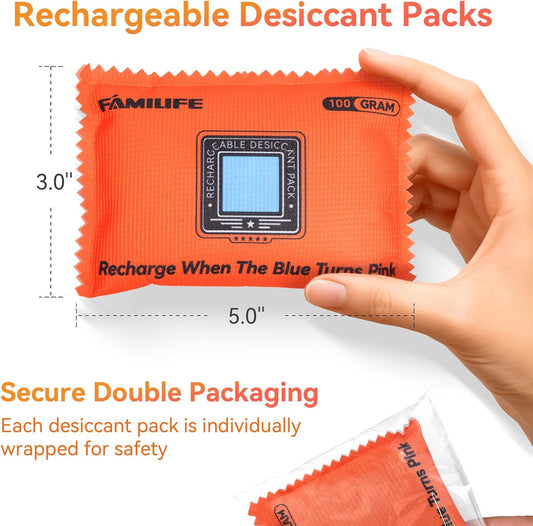 FAMILIFE 100g Rechargeable Desiccant Packs for Storage, Reusable Dehumidifier Bags Color Indicating Silica Gel Packets Portable Moisture Absorbers for Storage Bins, Car, Closet, Gun Safe, Electronics