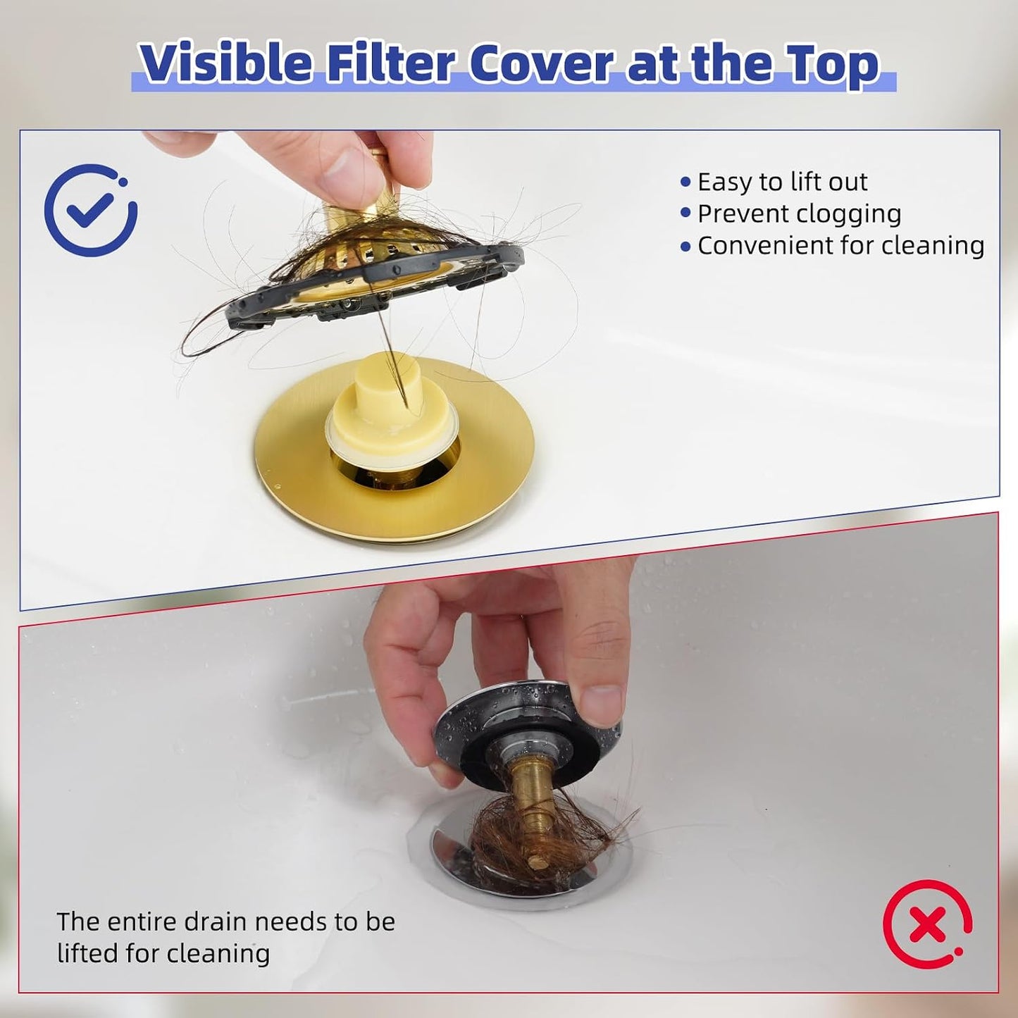 Universal Bathtub Drain Stopper Shower Drain Hair Catcher, Tub Stopper with Visible Top Strainer, Upgraded 3 in 1 Pop-up Drain Plug Fit for 1.5 to 2.4" Hole, Stainless Steel Filter Basket, Chrome