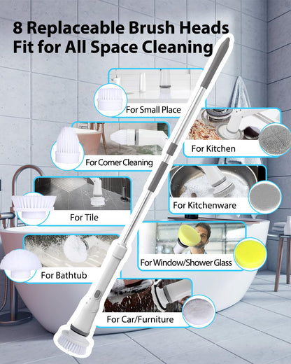 UBeesize Electric Spin Scrubber,Long Cordless Cleaning Brush,Rotatable Shower Scrubber with 8 Replaceable Heads,Adjustable Detachable Handle Bathroom Scrubber for Bathtub,Tile,Floor and Car Cleaning