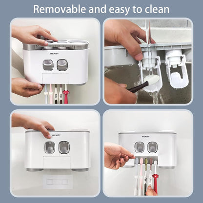 Toothbrush Holder Wall Mounted, WEKITY Multi-Functional Toothbrush and Toothpaste Dispenser for Bathroom, with 5 Toothbrush Slots, 2 Toothpaste Squeezers and 4 Cups(Grey)