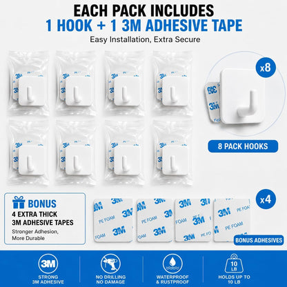 Stainless Steel Adhesive Wall Hooks for Hanging, Heavy Duty Waterproof Stick On for Bathroom Kitchen Shower, Self Adhesive for Towels, Keys, Hats, Robes - 8 Pack (White and Black)
