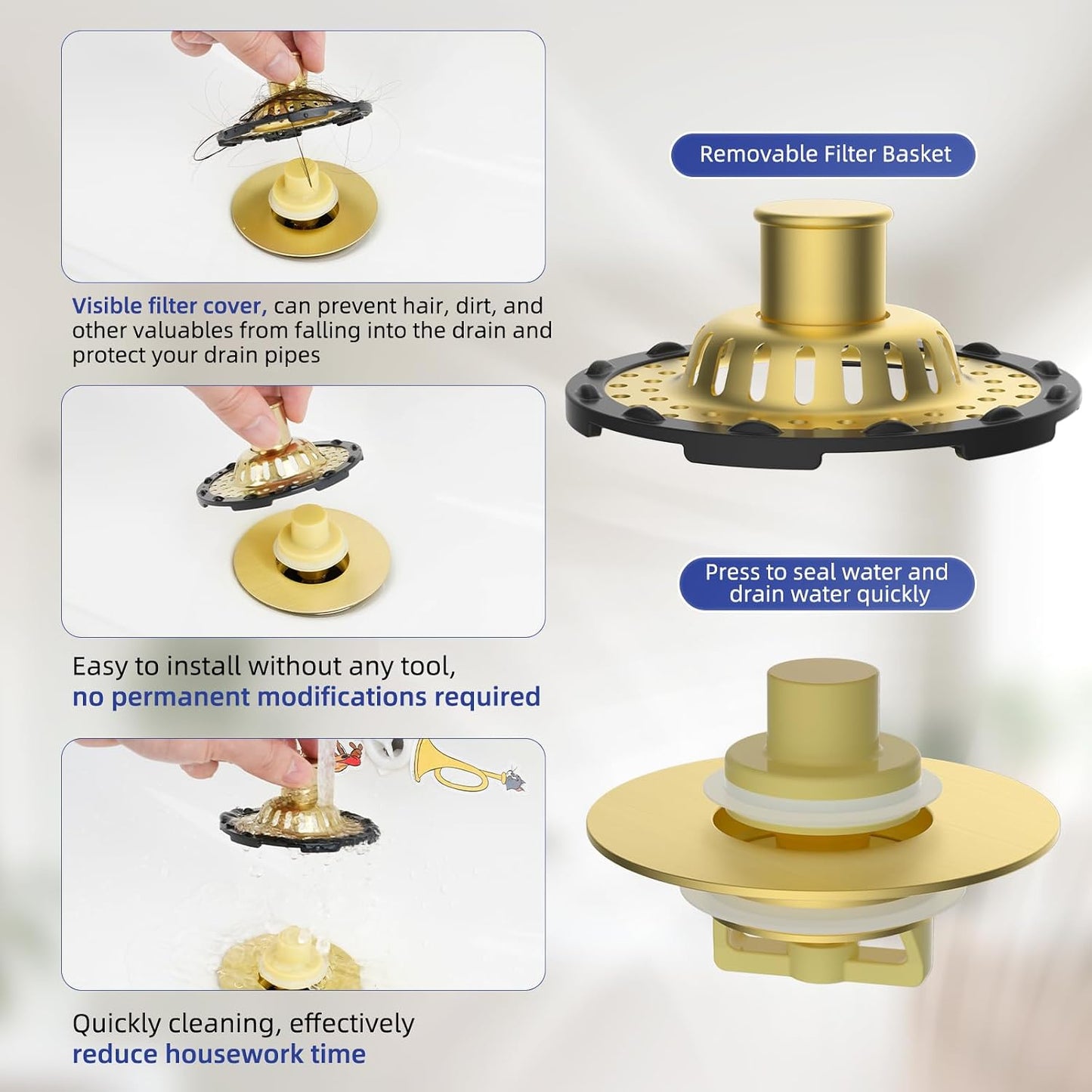 Universal Bathtub Drain Stopper Shower Drain Hair Catcher, Tub Stopper with Visible Top Strainer, Upgraded 3 in 1 Pop-up Drain Plug Fit for 1.5 to 2.4" Hole, Stainless Steel Filter Basket, Chrome