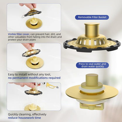 Universal Bathtub Drain Stopper Shower Drain Hair Catcher, Tub Stopper with Visible Top Strainer, Upgraded 3 in 1 Pop-up Drain Plug Fit for 1.5 to 2.4" Hole, Stainless Steel Filter Basket, Chrome