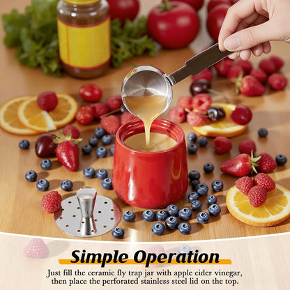 Ceramic Fruit Fly Trap for Indoors, Reusable Kitchen Fly Catcher with Stainless Steel Vent Lid, Uses Safe & Natural Vinegar Bait Trap, Dishwasher Safe, Easy to Use (White,1 Pack)