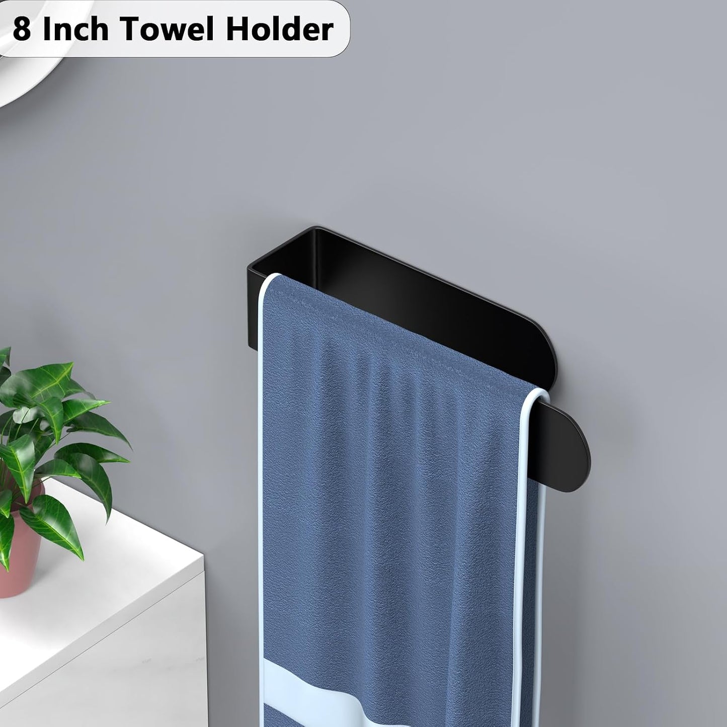 HUFEEOH 2 Pack Adhesive Hand Towel Holder, Kitchen Towel Rack Towel Bars Wall Mounted, Stainless Steel Bath Towel Hanger for Bathroom Hotel Kitchen (White, 8 Inch(2PC))