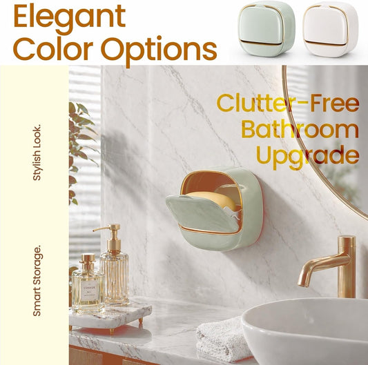 Wall Mounted Soap Holder with Drain Tray, 2 Pack Waterproof Soap Dish with Flip Lid, Self Draining Soap Bar Holder for Shower, Bathroom & Kitchen