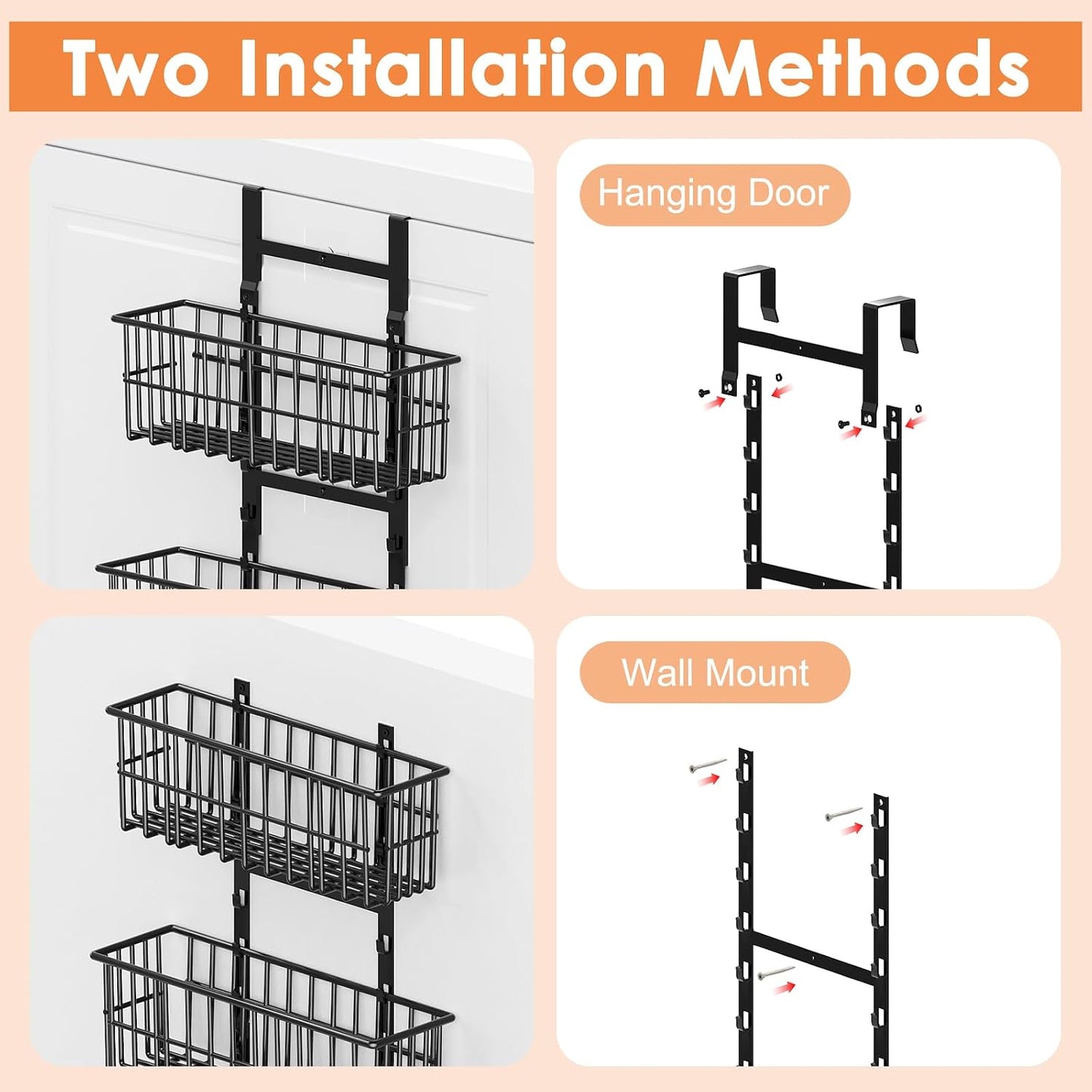 Hongtamoya Over The Door Organizer, Hanging Door Organizer with 5 Metal Baskets, Behind The Door Storage for Pantry Closet Bedroom Bathroom Cabinet Kitchen, White