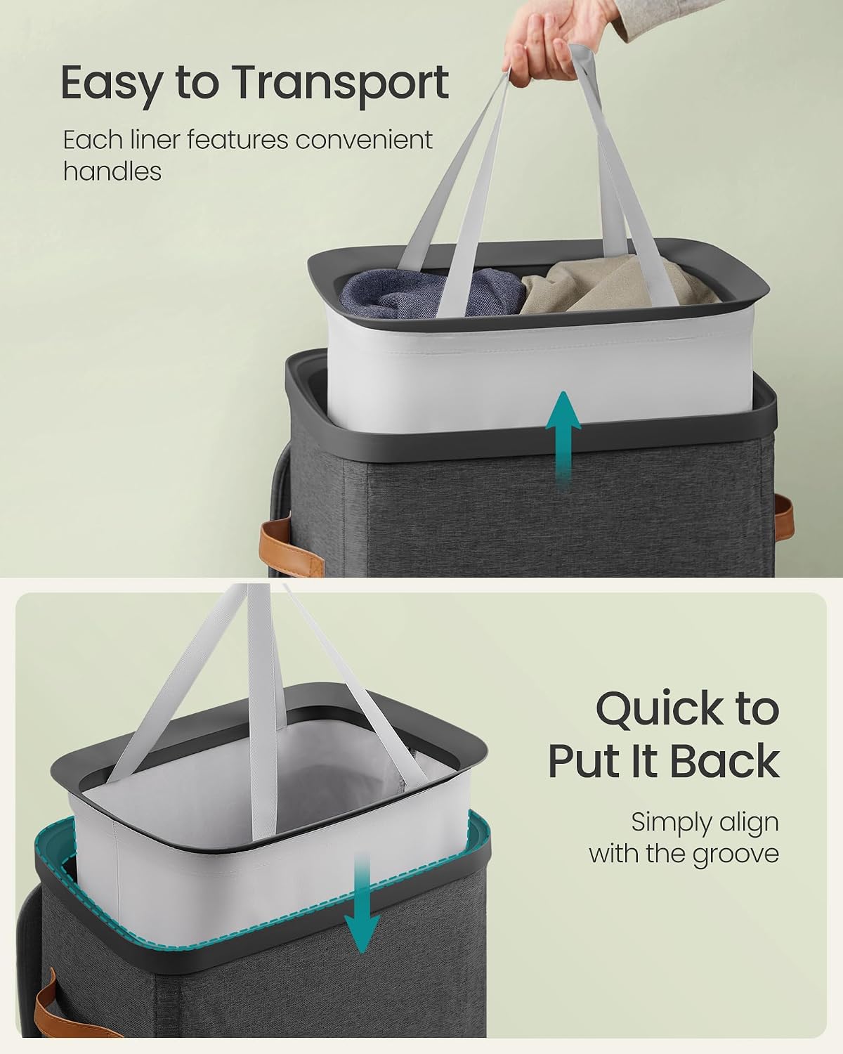 SONGMICS Laundry Basket, 50.2 Gal. Laundry Hamper, 3 Compartments, Easy Assembly, with Lid and Handles, Removable Liners, 25.2 x 15.7 x 29.5 Inches, Cappuccino Beige ULCB814LH01
