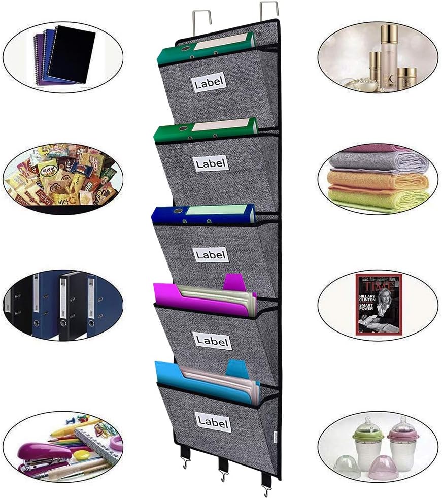 homyfort Over the Door File Organizer, Wall Hanging File Folders with 5 Large Pocket for Mails, Magazines, Back to School Supplies,Office Chart Storage, Paper Organization (Grey)
