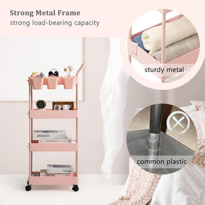 danpinera Storage Cart on Wheels, 3 Tier Slim Laundry with Wheels Bathroom Organizer with Hanging Cups Hooks Dividers Handle Mobile Rolling Art Cart for Bathroom Kitchen Narrow Places, White