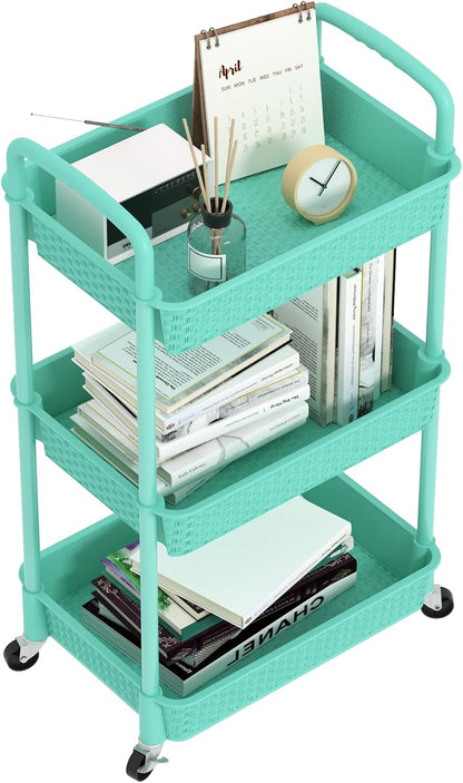 MOYIPIN 3-Tier Plastic Rolling Utility Cart with Handle,Utility Storage Cart for Office, Living Room, Kitchen,Movable Storage Organizer Shelves,White