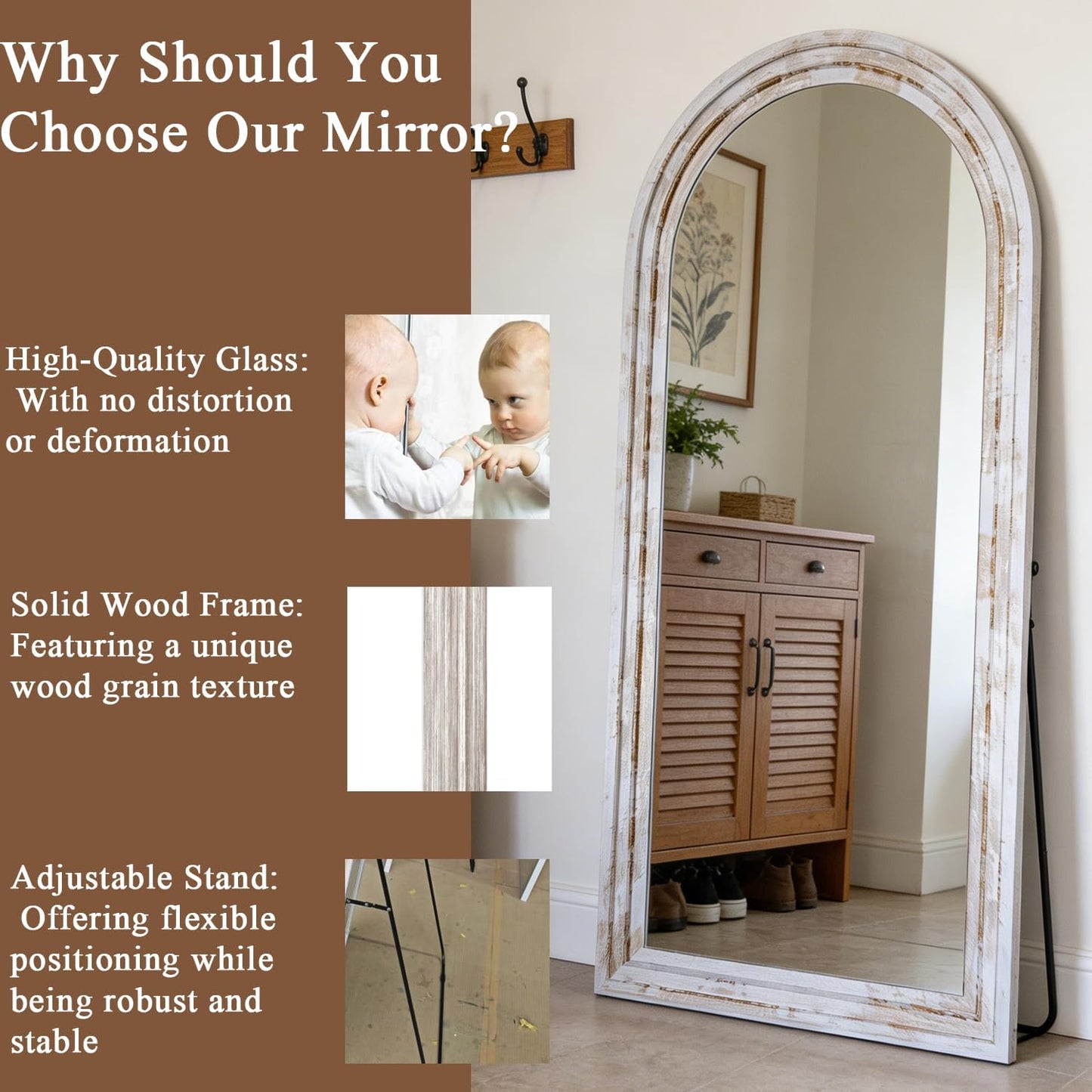 71x32 Inch Arched Full Length Mirror with Solid Wood Frame Wall Mounted Floor Mirror, Vertical Hanging Leaning Standing Mirror for Living Room, Bedroom, Entryway, Brown