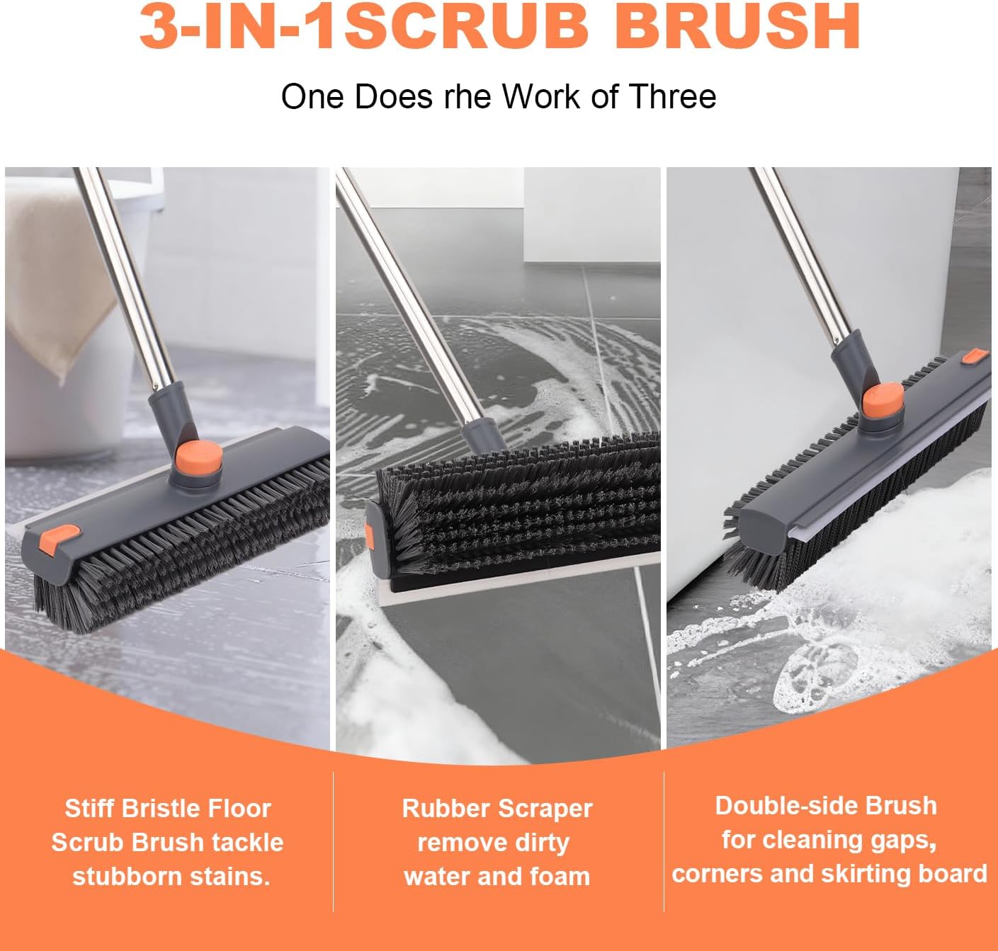 Floor Scrub Brush with 64" Long Handle - 360° Swivel Heads Household Push Brush with Squeegee and Right Angled Bristle for Cleaning Concrete Floors Grout Gardens Patio Deck Concrete Garage Heavy Duty