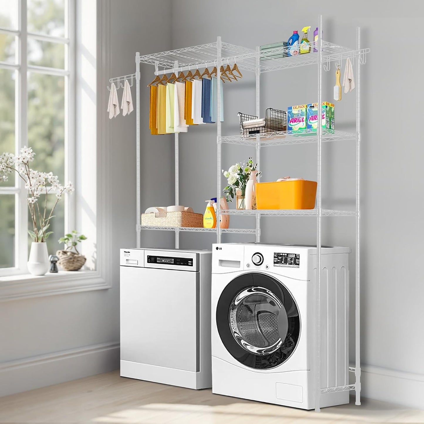 VEVOR Over Washer and Dryer Storage Shelves, 6 Tiers Laundry Room Drying Rack with Hanger Rod and Hooks, Two Rows Adjustable Washer Shelves Space Saver, for Laundry Room Storage & Organization, Black