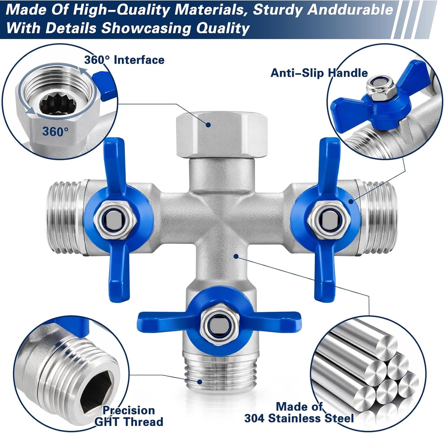 304 Stainless Steel Garden Hose Splitter 2 Way, Heavy Duty 3/4" GHT Y Hose Splitter with Shut-Off Valves, Full Flow Outdoor Faucet Connector with Wrench