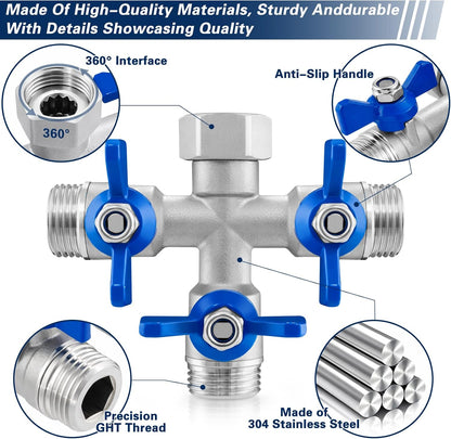 304 Stainless Steel Garden Hose Splitter 2 Way, Heavy Duty 3/4" GHT Y Hose Splitter with Shut-Off Valves, Full Flow Outdoor Faucet Connector with Wrench