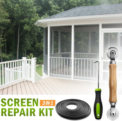 Screen Repair kit, Screen Roller Tool, Steel Roller with Bear+32ft Screen Spline+Removal Hook, 3 in 1 Window Screen Door Repair Kit,for Installing Door Window Mesh