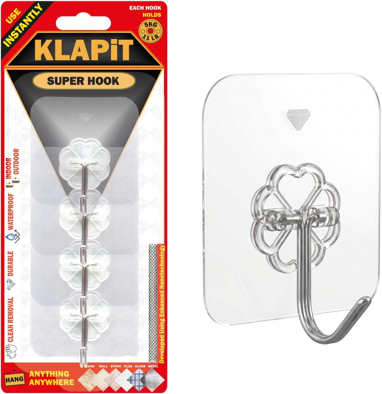 KLAPiT Super Hook - Heavy-Duty Adhesive Clear Wall Hooks Made of Stainless Steel, Holds up to 11 lbs, Waterproof, No Damage, Easy Install on Tile, Wood, Stone, Glass & Metal (Clear, 8pc)