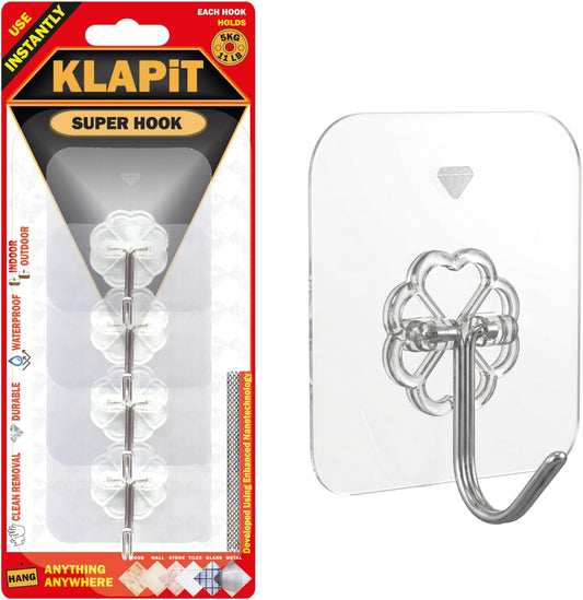 KLAPiT Super Hook - Heavy-Duty Adhesive Clear Wall Hooks Made of Stainless Steel, Holds up to 11 lbs, Waterproof, No Damage, Easy Install on Tile, Wood, Stone, Glass & Metal (Clear, 8pc)