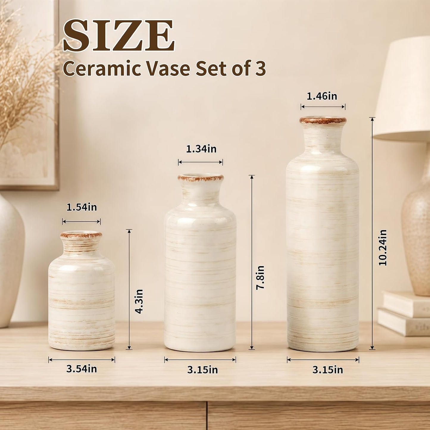 TBWIND Ceramic Vases Set of 3, Neutral Pottery Rustic Farmhouse Flower Vase | Small Decorative Flower Vases Modern Home Decor for Table Mantel Entryway Bookshelf Living Room Kitchen Bedroom