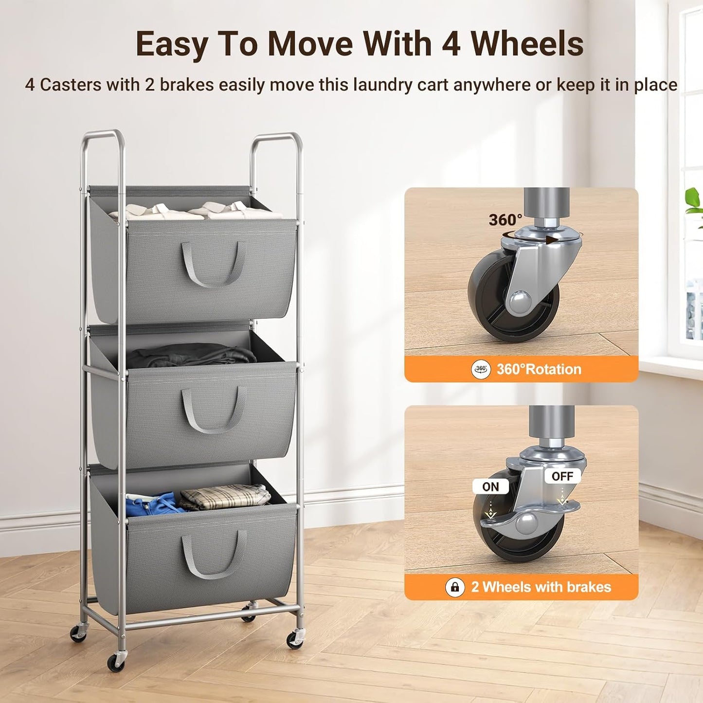 ELYKEN 120L Vertical Rolling Laundry Hamper with Removable Bags, 3 Section Laundry Baskets with Wheels, Space-Saving 3 Tier Laundry Sorter for Small Spaces, Dorm, Bedroom, Bathroom, Laundry Room