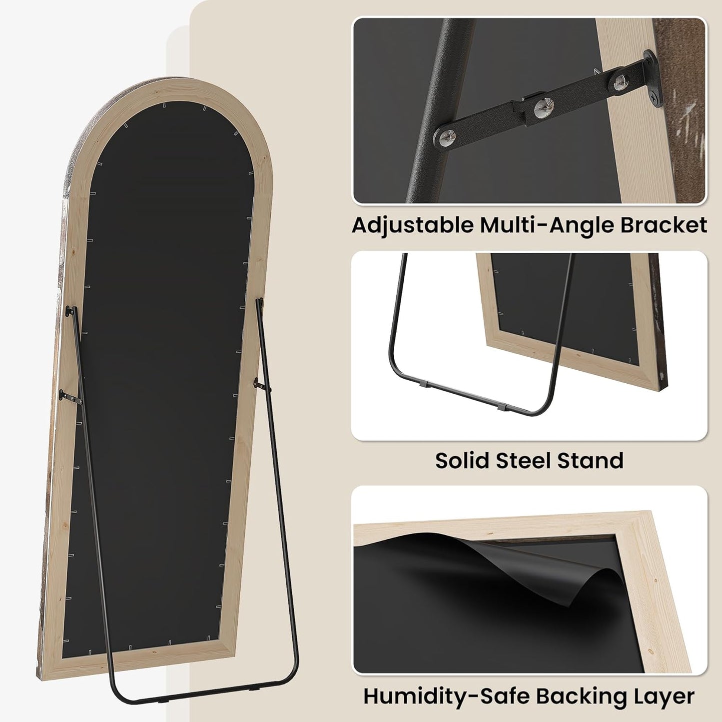 Arched Wood Floor Mirror with Stand, 63" x 21" Rustic Walnut Triple-Layer Solid Wood Frame Full Length Body Mirror, Shatterproof Tempered Glass, Wall Mounted or Leaning for Bedroom Entryway