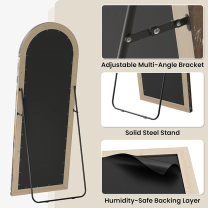 Arched Wood Floor Mirror with Stand, 63" x 21" Rustic Walnut Triple-Layer Solid Wood Frame Full Length Body Mirror, Shatterproof Tempered Glass, Wall Mounted or Leaning for Bedroom Entryway
