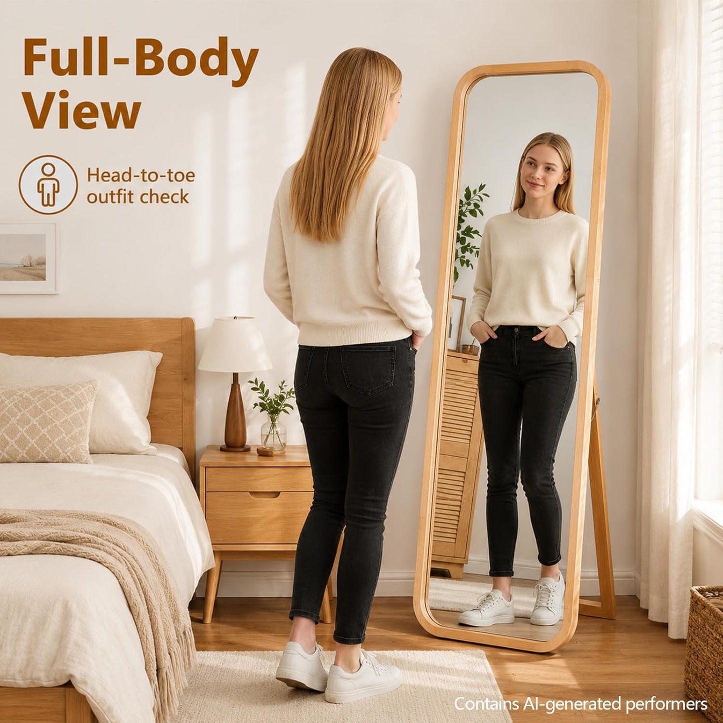 Anwick Full Length Floor Mirror Wood Frame Standing Mirror Walnut 63 in | Solid Wood Frame, Clear Float Glass, Adjustable Stand or Wall Mount, Rounded Walnut Finish for Bedroom or Dressing Room