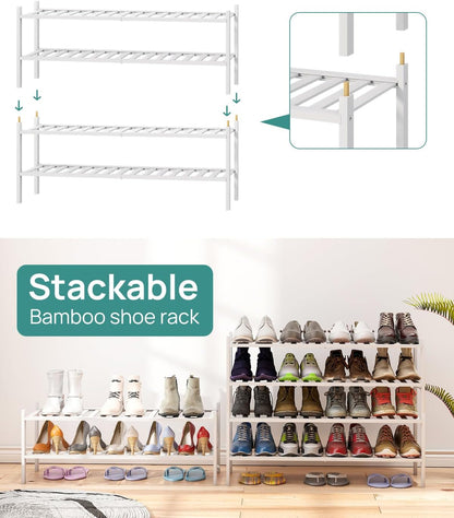 viewcare 3-Tier Black Bamboo Shoe Rack for Entryway, Stackable | Foldable | Natural, Shoe Shelf Storage Organizer for Hallway Closet, Free Standing Shoe Racks for Indoor Outdoor
