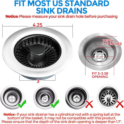 Sink Drain Strainer - Sink Stopper Kitchen Drain, 3 in 1 Kitchen Sink Drain Strainer with Anti-Clogging Basket, Kitchen Gadgets Clearance Sink Accessories, Fit US Standard 3-1/2'' Sink Hole, Silver