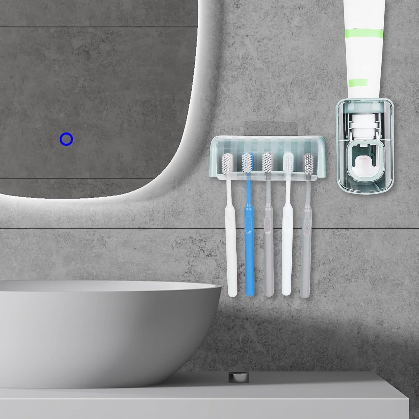 5 Slots Wall Mount Toothbrush Holder with Cover, Self Adhesive Toothbrush Storage Organizer for Shower, Toothbrush Hanger with Automatic Toothpaste Squeezer Dispenser