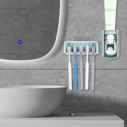 5 Slots Wall Mount Toothbrush Holder with Cover, Self Adhesive Toothbrush Storage Organizer for Shower, Toothbrush Hanger with Automatic Toothpaste Squeezer Dispenser