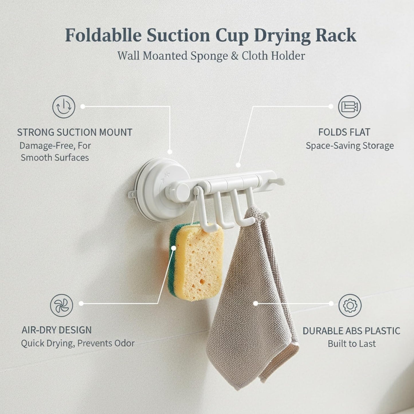 Foldable Wall Mounted Drying Rack, Adhesive Sponge Holder for Smooth Surfaces, Space Saving Storage for Rags and Cloths (1 PC)